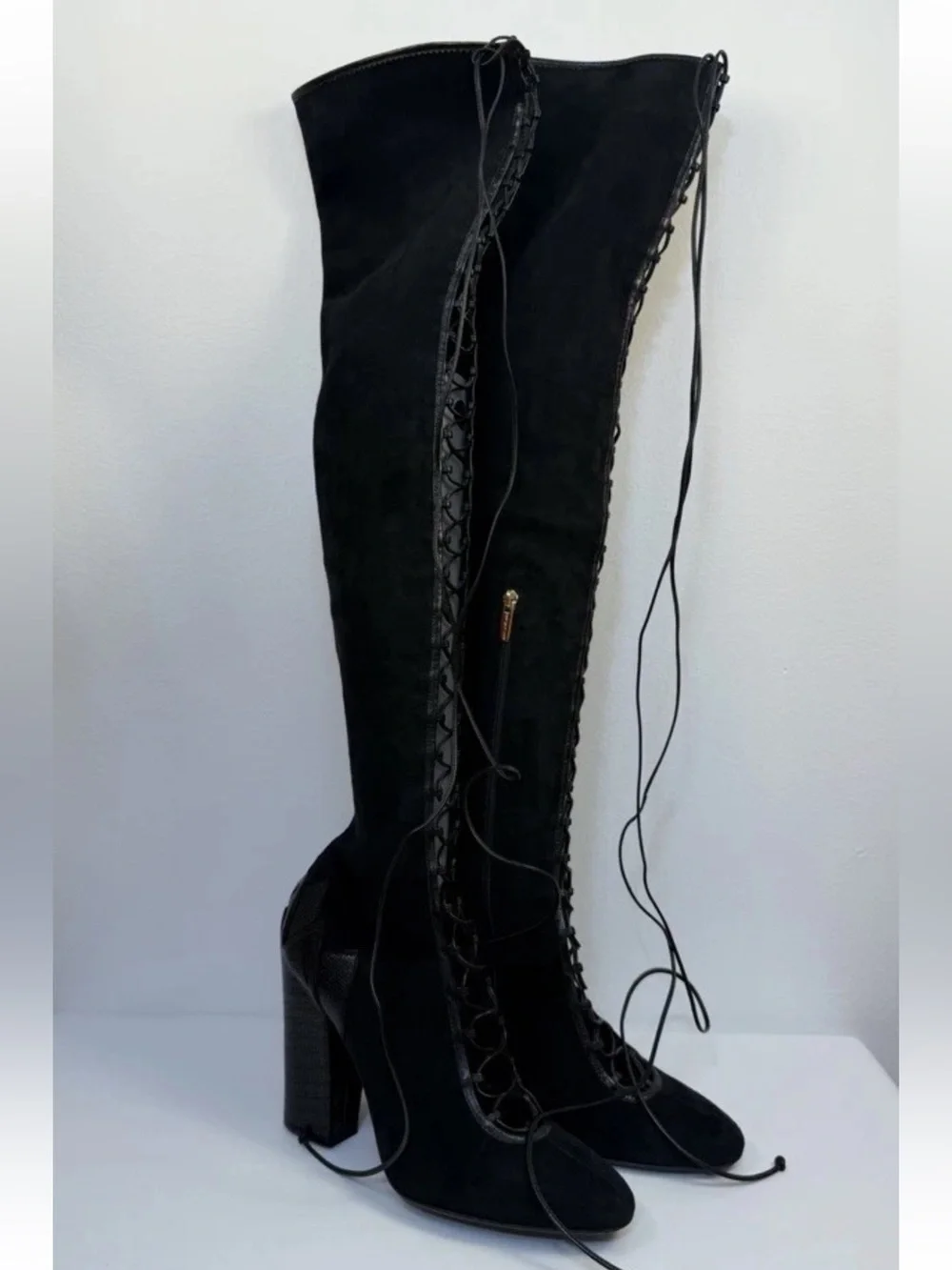 41 US 10 Italy Sergio Rossi Suede Leather Heel Over the Knee High Boots Lace Up